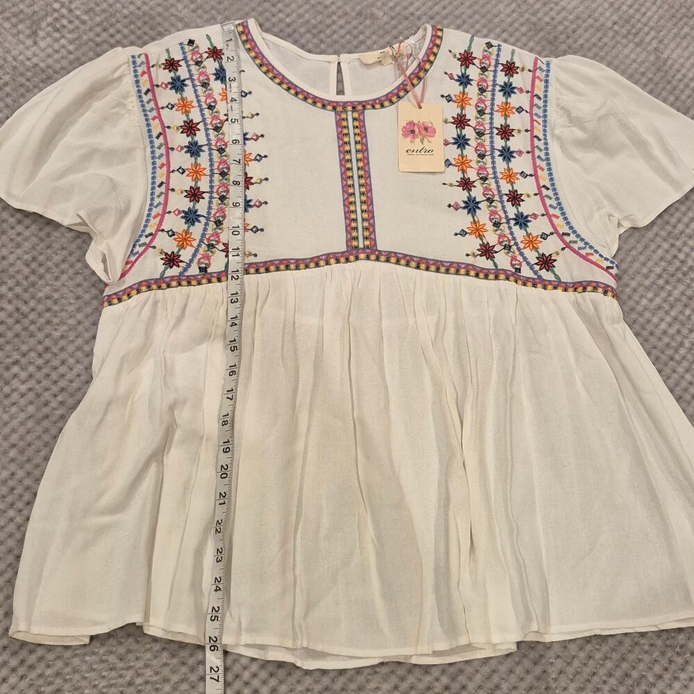Entro Embroidered Babydoll Top Boho Cotton Shirt Large Casual Peasant Flutter - Picture 5 of 7